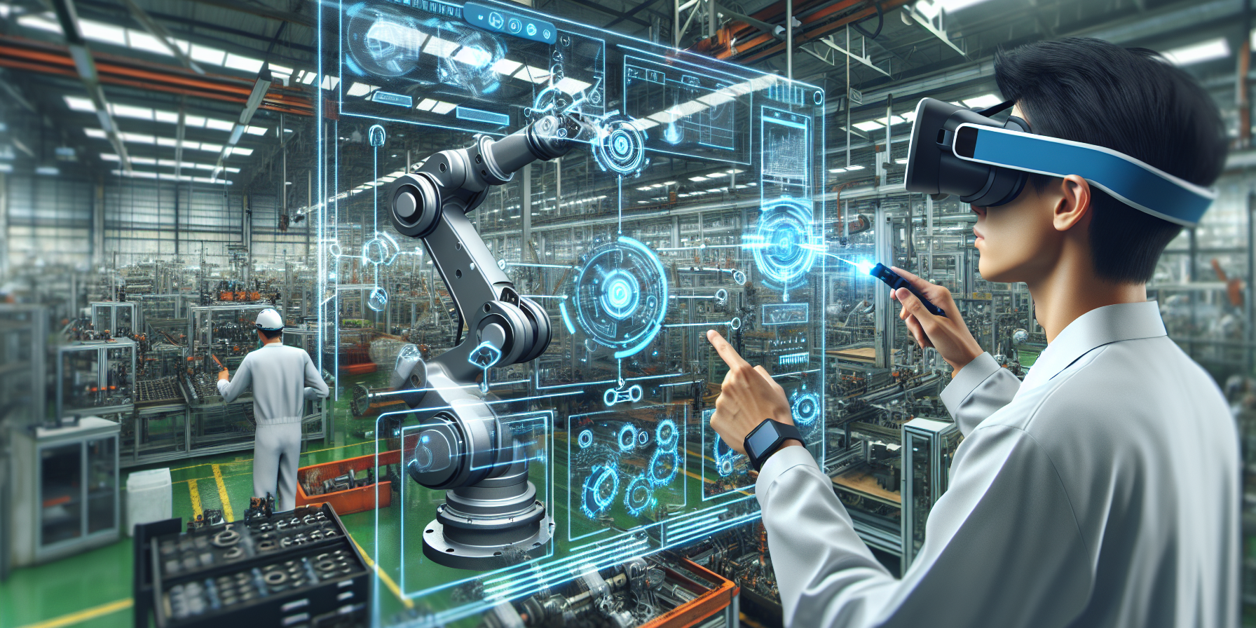 CGI of a factory with augmented reality features